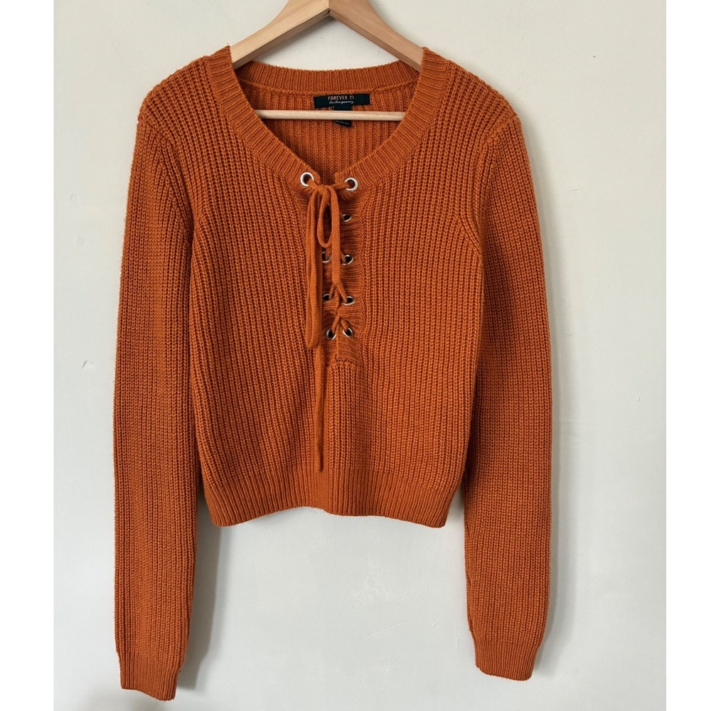 Forever 21 Cropped Burnt Orange Lace Up Ribbed‎ Knit Sweater Large preppy Fall